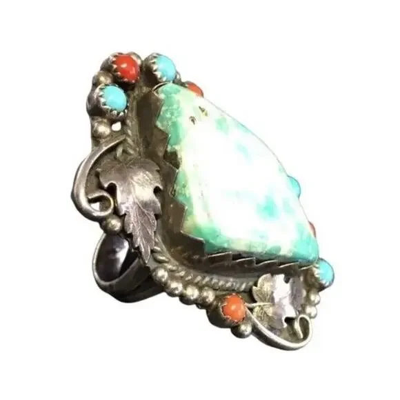 Antique Navajo Ring Green Turquoise Sterling Silver Native Indian Signed Sz10.5 - Picture 4 of 12